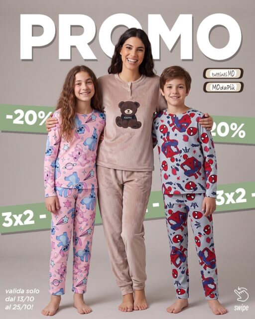 🔥 PROMO🔥
Dal 13 al 25 ottobre continuano del le super promozioni in negozio!
Sconto -20% sui pigiami 🌙:
👉 Da donna di Nacshua art. ALBINA con tre bottoni e impreziosito da un simpatico e tenero patch a orsetto sul davanti
👉 Da bimba SunCity art. ZH20055, per portare la dolcezza e la simpatia dei Stich nel guardaroba della tua piccola, disponibile nelle vivaci tonalità del rosa o e del viola, è il capo perfetto per unire il massimo del comfort a un look irresistibile anche prima di andare a dormire!
👉 Da bimbo SunCity art. ZH20101, con una grintosa stampa all-over con i motivi iconici dell'Uomo Ragno, perfetto per tutti i piccoli fan pronti a vivere sogni ricchi di azione!
Ma non finisce qui!
Speciale calzini:
🧦 3x2 sui Coveri da bimba art. STELLA/7ASS a gamba corta arricchiti da una raffinata finitura a strass !
🧦 5x4 sui Carpenter da donna art. W100/W600 a gamba corta, pensati per donne che desiderano aggiungere un tocco di eleganza e sofisticatezza al loro look!
La promozione è valida solo su prodotti selezionati per i possessori di Fidelity Card che se non hai ancora fatto puoi richiedere gratuitamente in cassa 🛍️✨!
°
°
°
#Tuttintimo #modapiu #Tuttintimo_modapiu #promo