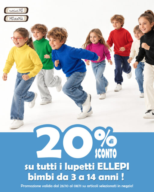 🎉 SUPER SPECIALE PROMO BIMBI 🎉
Dal 26 ottobre al 8 novembre, sconto 20% su tutti i lupetti ELLEPI dai 3 ai 14 anni, in caldo cotone e disponibili in tantissimi colori 🩷🧡💛💚🩵💙💜🖤🩶🤍
La promozione è valida solo su prodotti selezionati per i possessori di Fidelity Card che se non hai ancora fatto puoi richiedere gratuitamente in cassa!
°
°
°
#Tuttintimo #modapiu #Tuttintimo_modapiu #promozione #sconti #promo